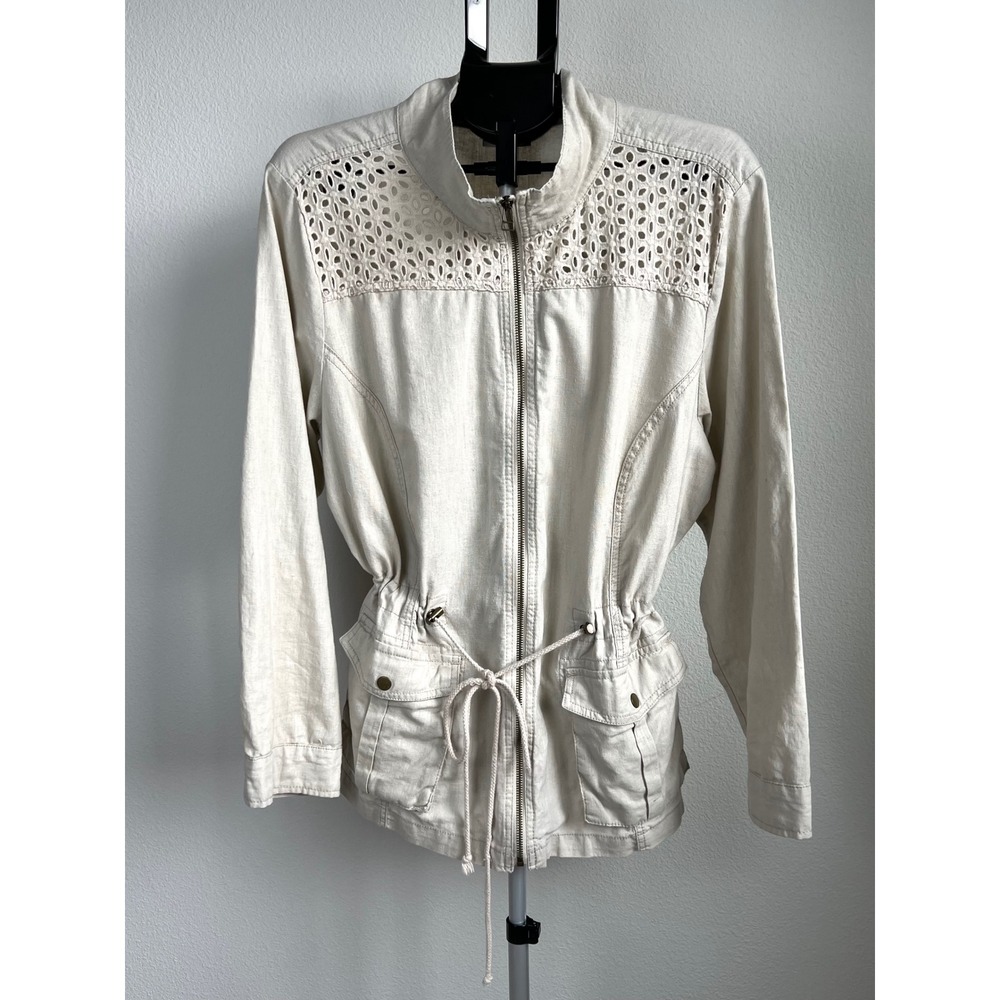 Christopher & Banks Women Linen Blend Jacket 2X Beige Eyelet Utility Field Coat